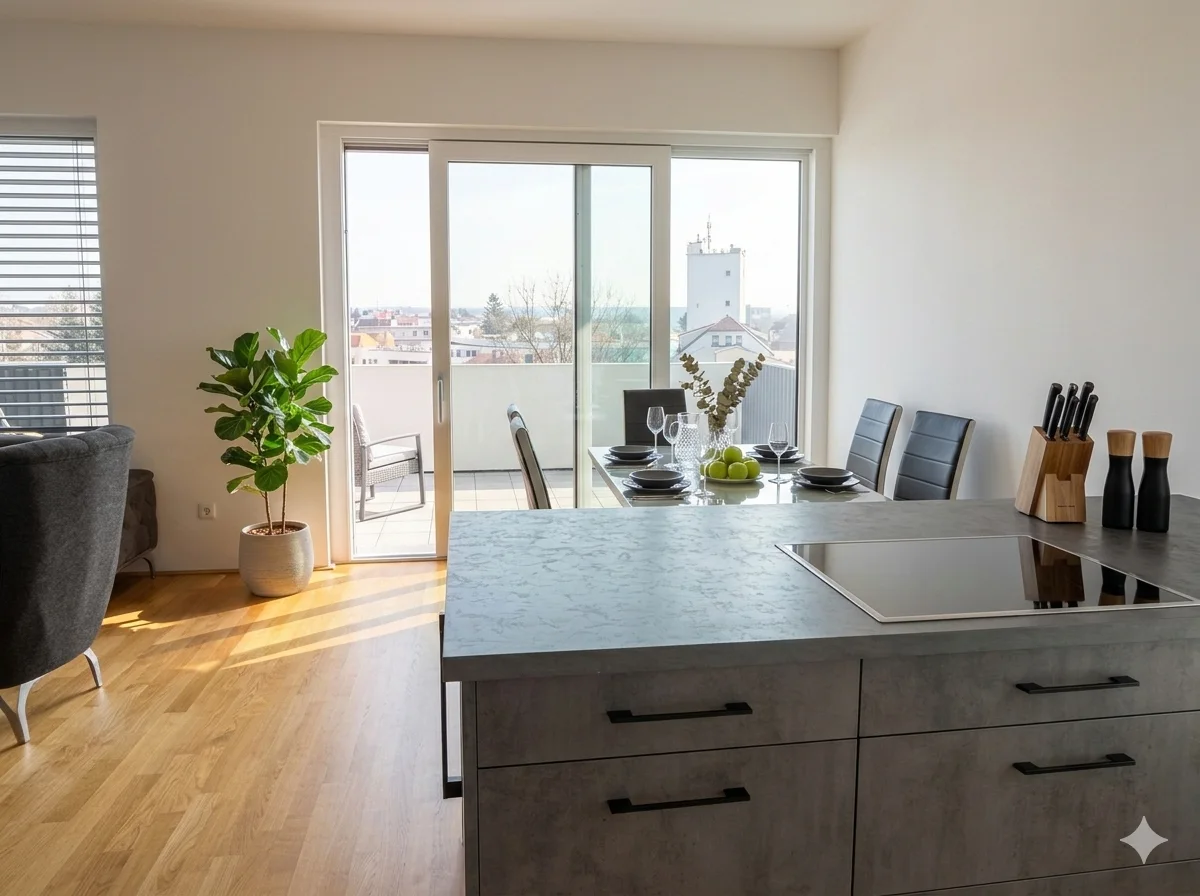 Offener Wohn- und Kochbereich mit Kücheninsel